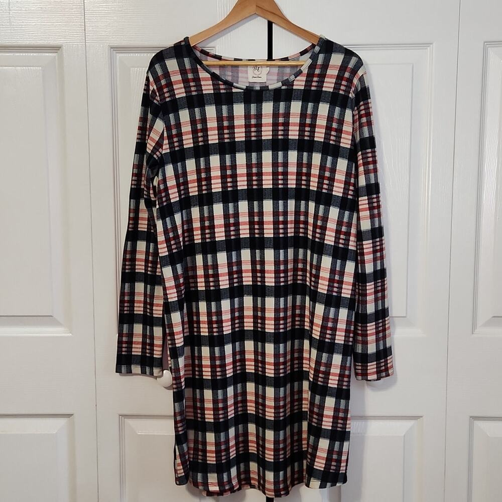 Grace & Emma Plaid Long Sleeve Shift Dress Navy Red White‎ Elbow Patches Large
